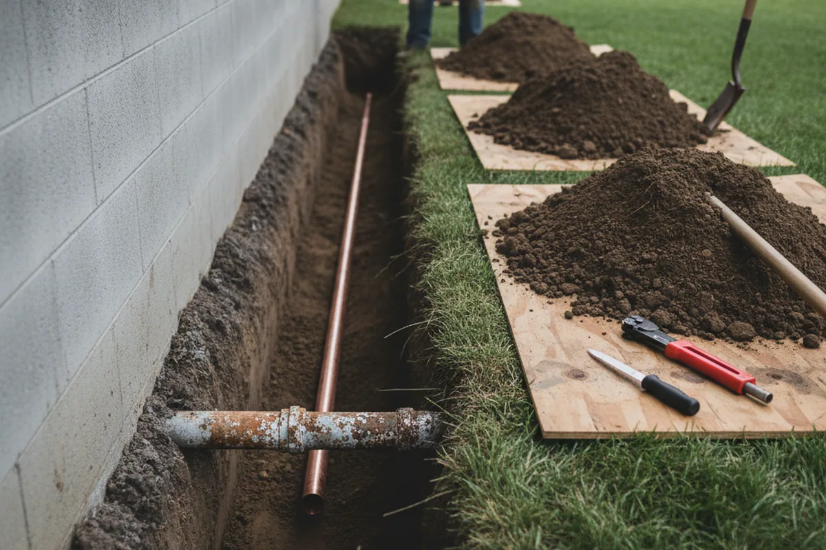 Excavated water line trench during Water Softener Installation in Vantage